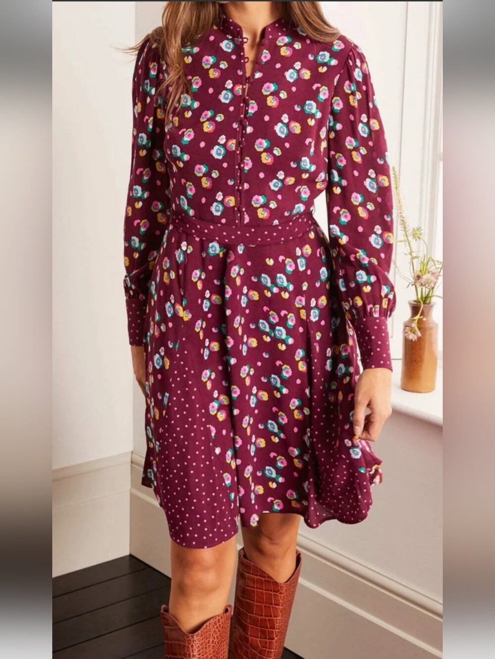 BODEN Women's Floral Burgundy Button-Front Dress Size 12 - Picture 1 of 16